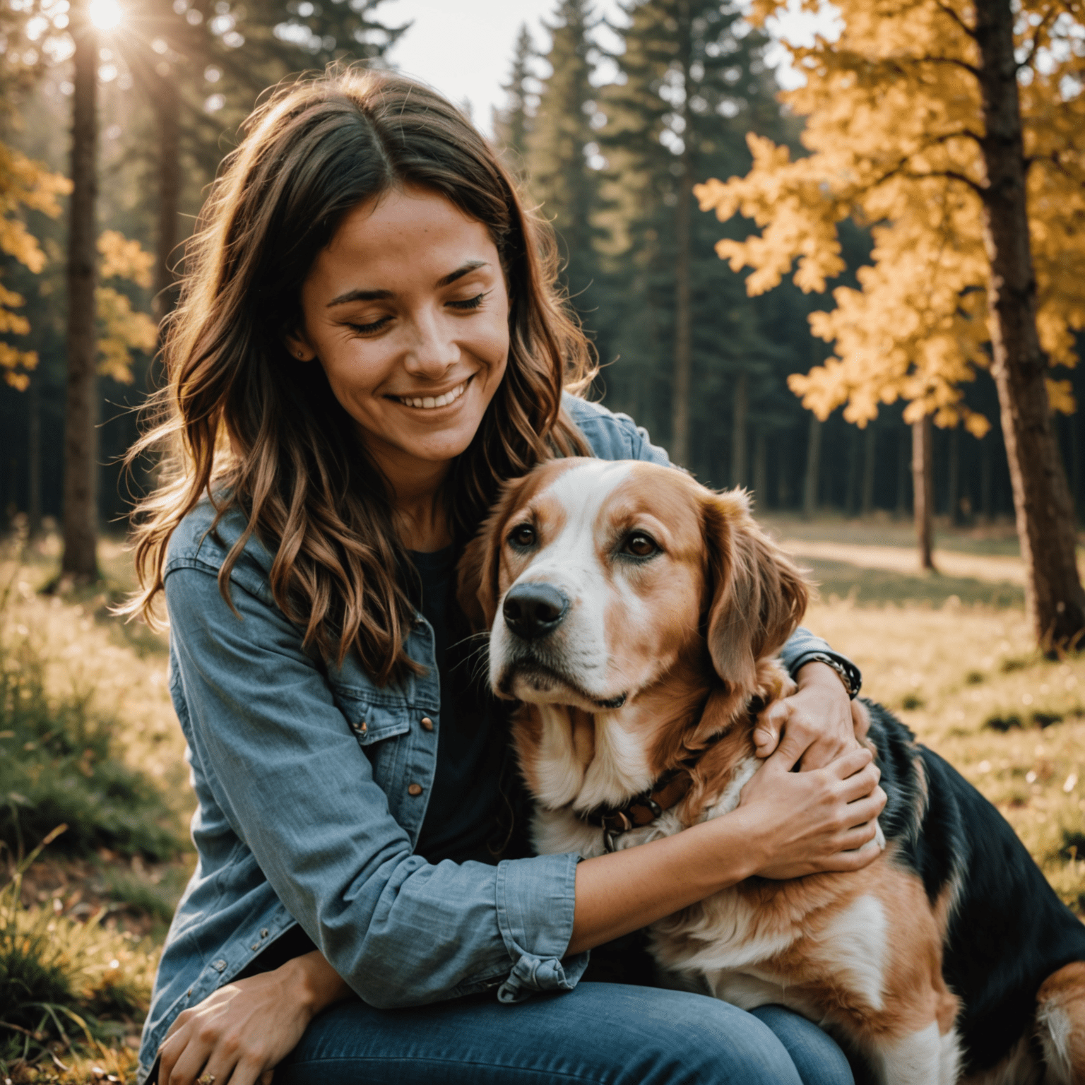 A person hugging a dog, both looking happy and content. The image shows the visible emotional connection between human and animal.