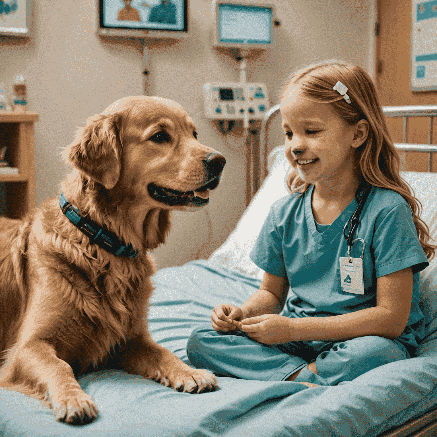 A golden retriever therapy dog interacting with a smiling child in a hospital bed, showcasing the emotional connection between therapy animals and patients
