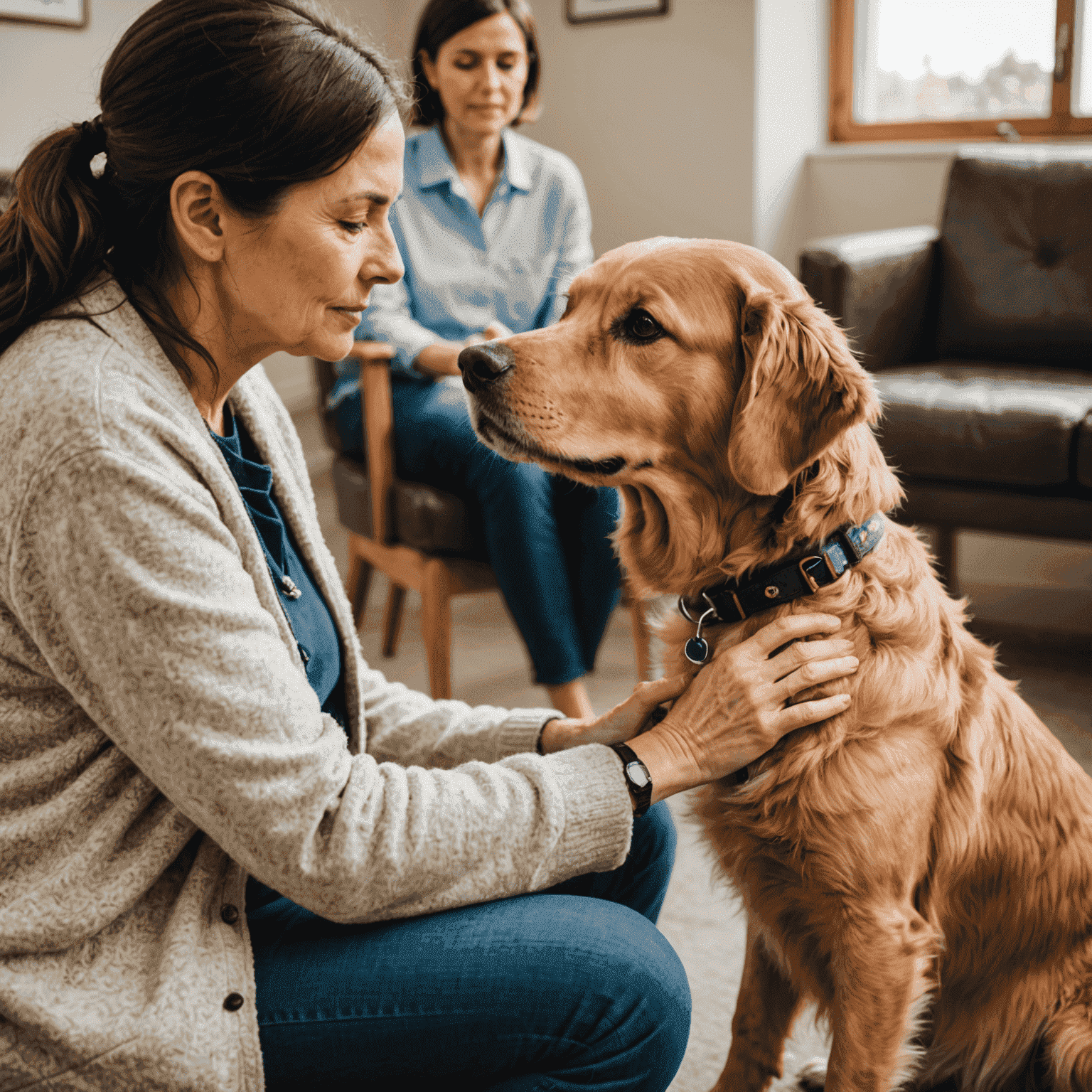 A therapy dog sitting calmly next to a person, providing comfort and support during a structured pet therapy session. The image shows the gentle interaction between the animal and the human, highlighting the healing power of animal companionship.