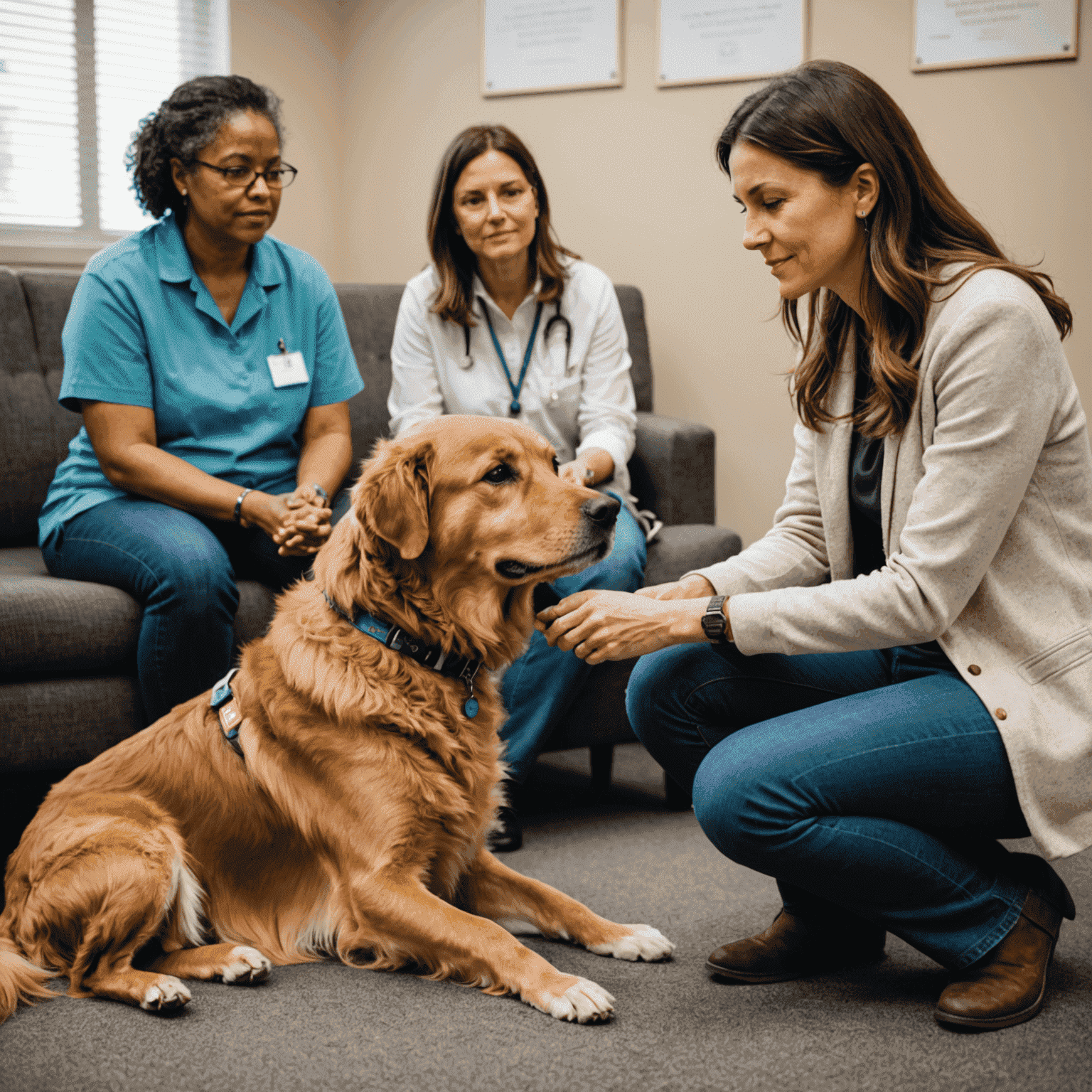 A therapy dog sitting calmly next to a person during a counseling session, demonstrating the bond between human and animal in a therapeutic setting