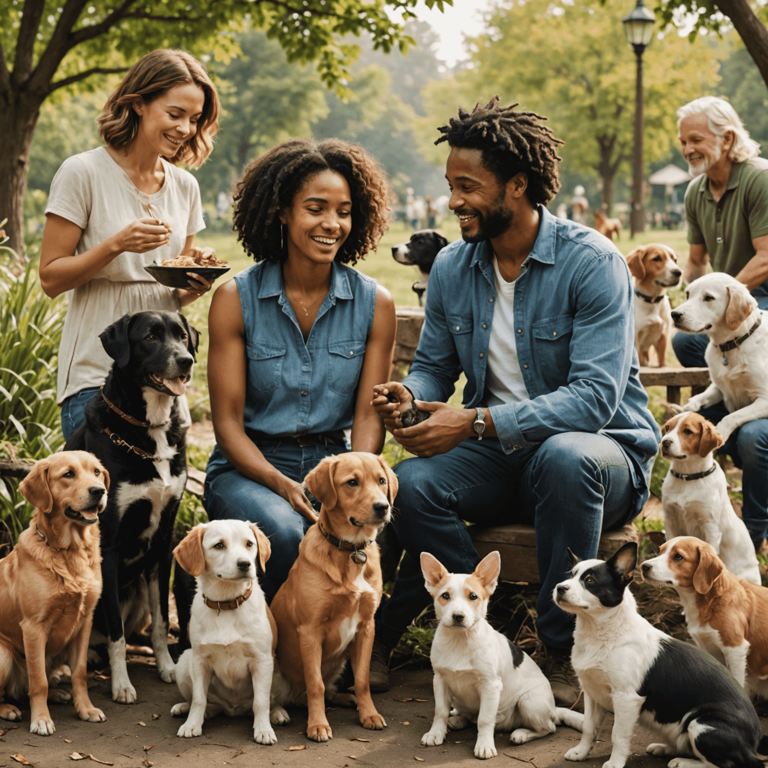 A diverse group of people interacting joyfully with various companion animals, including dogs, cats, and rabbits. The image showcases the emotional connection and support these animals provide.