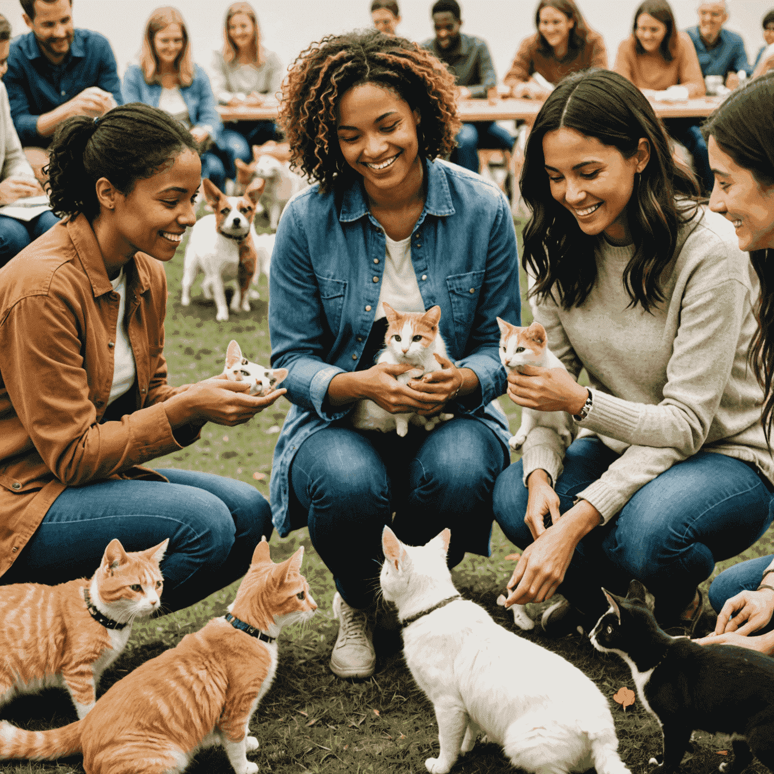 A diverse group of people interacting with various pets during a bonding class. The image shows participants petting dogs, holding cats, and even interacting with smaller animals like rabbits. The atmosphere is warm and inviting, with smiles on both human and animal faces.