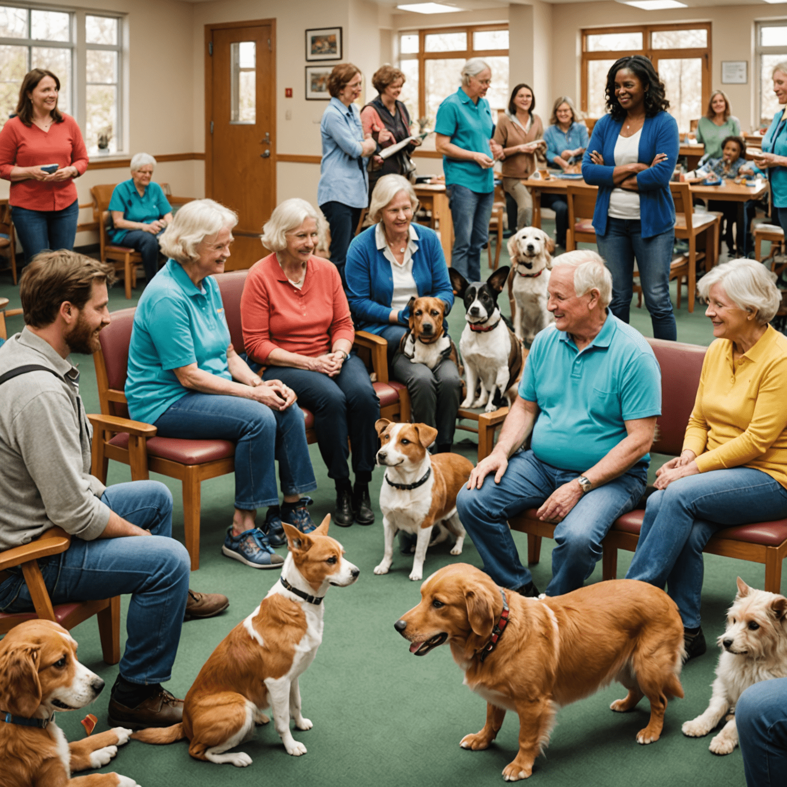 A diverse group of therapy animals including a dog, cat, and rabbit, surrounded by people of different ages in a community center, illustrating the wide-ranging impact of animal-assisted therapy