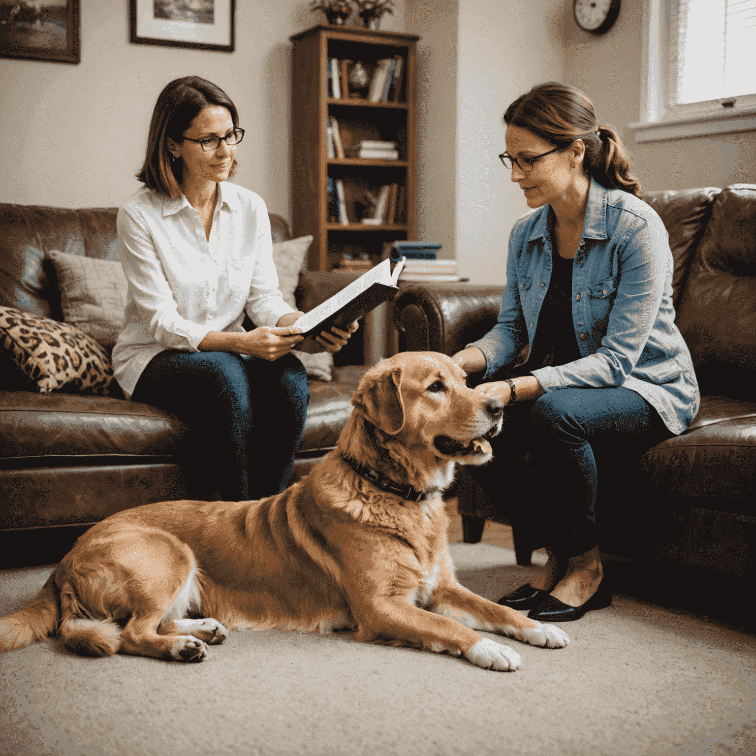 A counseling session in progress with a therapist, client, and a therapy animal (such as a calm dog or cat) present. The image showcases how the animal's presence supports the counseling process and aids in emotional expression and comfort.