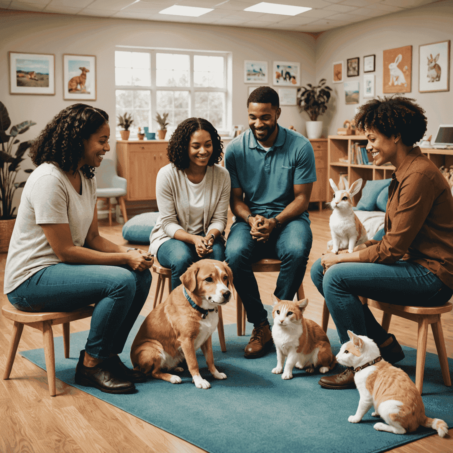 A diverse group of people interacting with various therapy animals, including a dog, cat, and rabbit, in a bright and welcoming counseling space