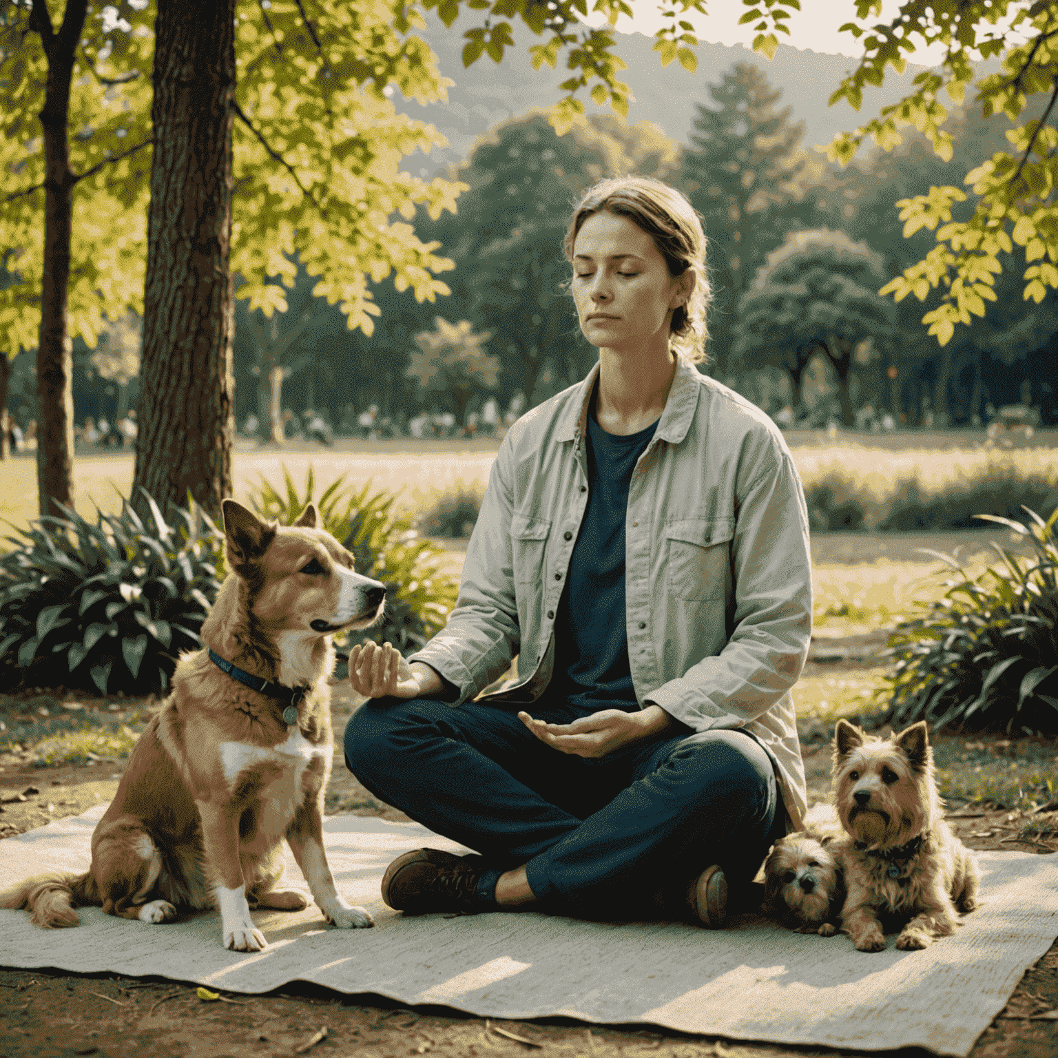 A serene scene of a person meditating outdoors with their dog sitting calmly beside them. The image conveys a sense of peace and connection between the human and animal, showcasing the stress-reducing benefits of animal companionship.
