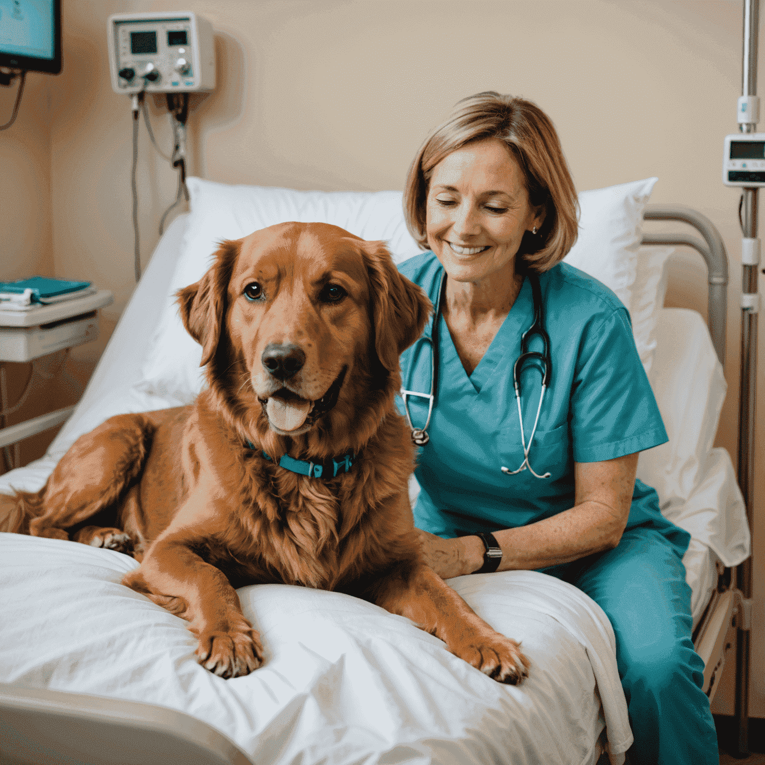 A therapy dog visiting a patient in a hospital bed, illustrating the comforting presence of animals in healthcare settings. The image shows the dog gently resting its head on the patient's lap while the patient smiles.