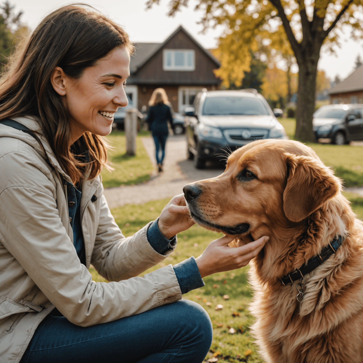 A happy person meeting their new animal companion for the first time. The image shows the moment of connection between human and animal, with both looking content and comfortable with each other, illustrating a successful companion animal match.