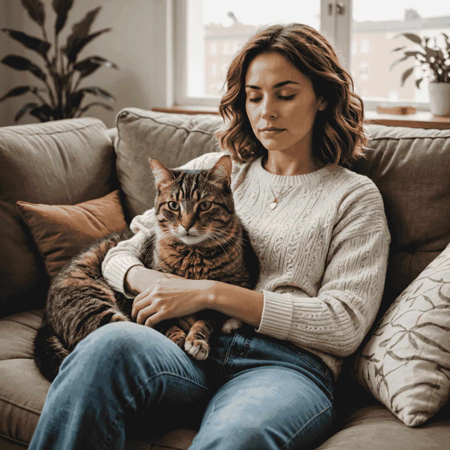 A person relaxing on a couch with a cat curled up on their lap, demonstrating the stress-reducing effects of animal companionship. The image conveys a sense of calm and contentment.