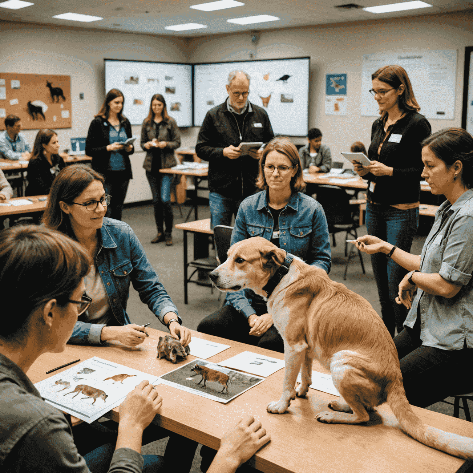 An engaging workshop setting with participants interacting with various animals. The image shows people learning about and experiencing the human-animal bond firsthand, with visual aids and presentations visible in the background.