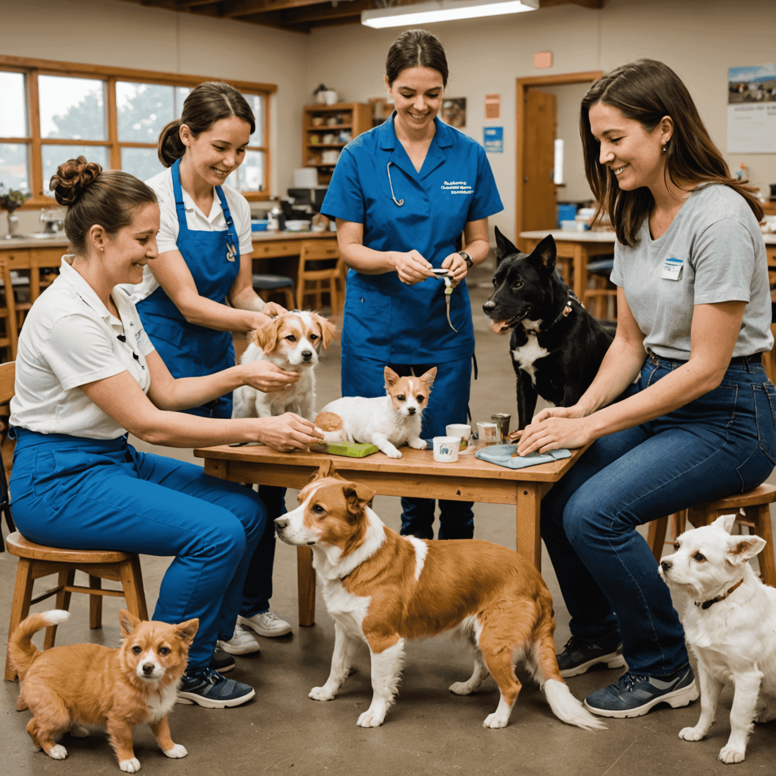 A group class setting where people are learning pet care techniques. The image shows participants practicing grooming, feeding, and bonding exercises with various pets, demonstrating the hands-on nature of the class.